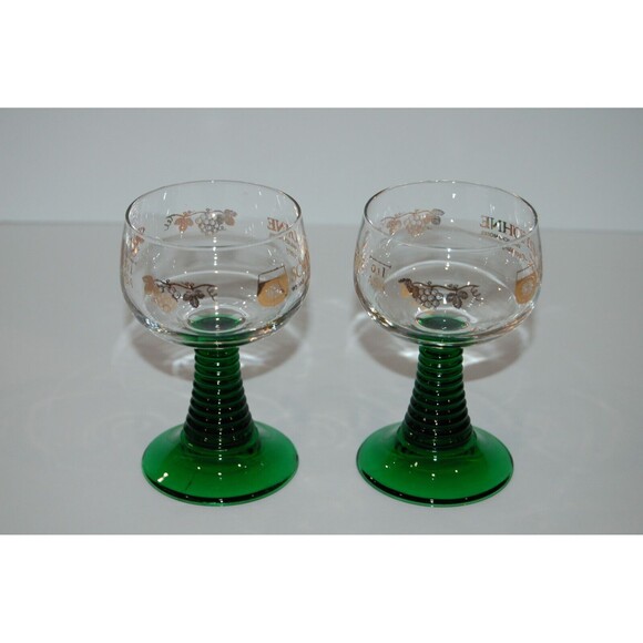2 Vintage German SCHMITT SOHNE Cordial Wine GLASSES Goblet Green Ribbed Stem - Picture 4 of 5